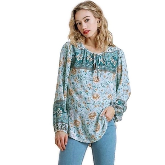 Umgee Tops - Umgee Mint Boho Floral Blouse